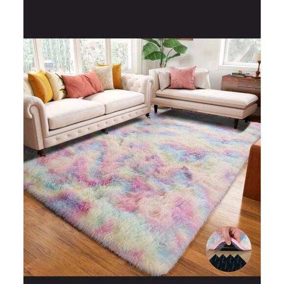 anvarug super soft shaggy room tie dyed rainbow rug 5ft x7ft - Picture 3 of 6